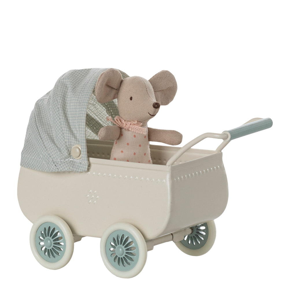 Maileg Pram with Baby Mouse Mint