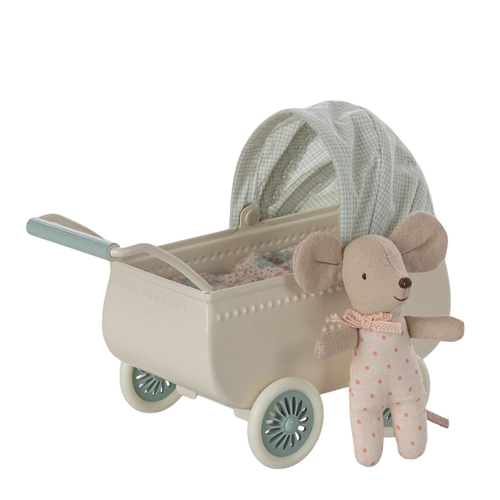 Maileg Pram with Baby Mouse Mint